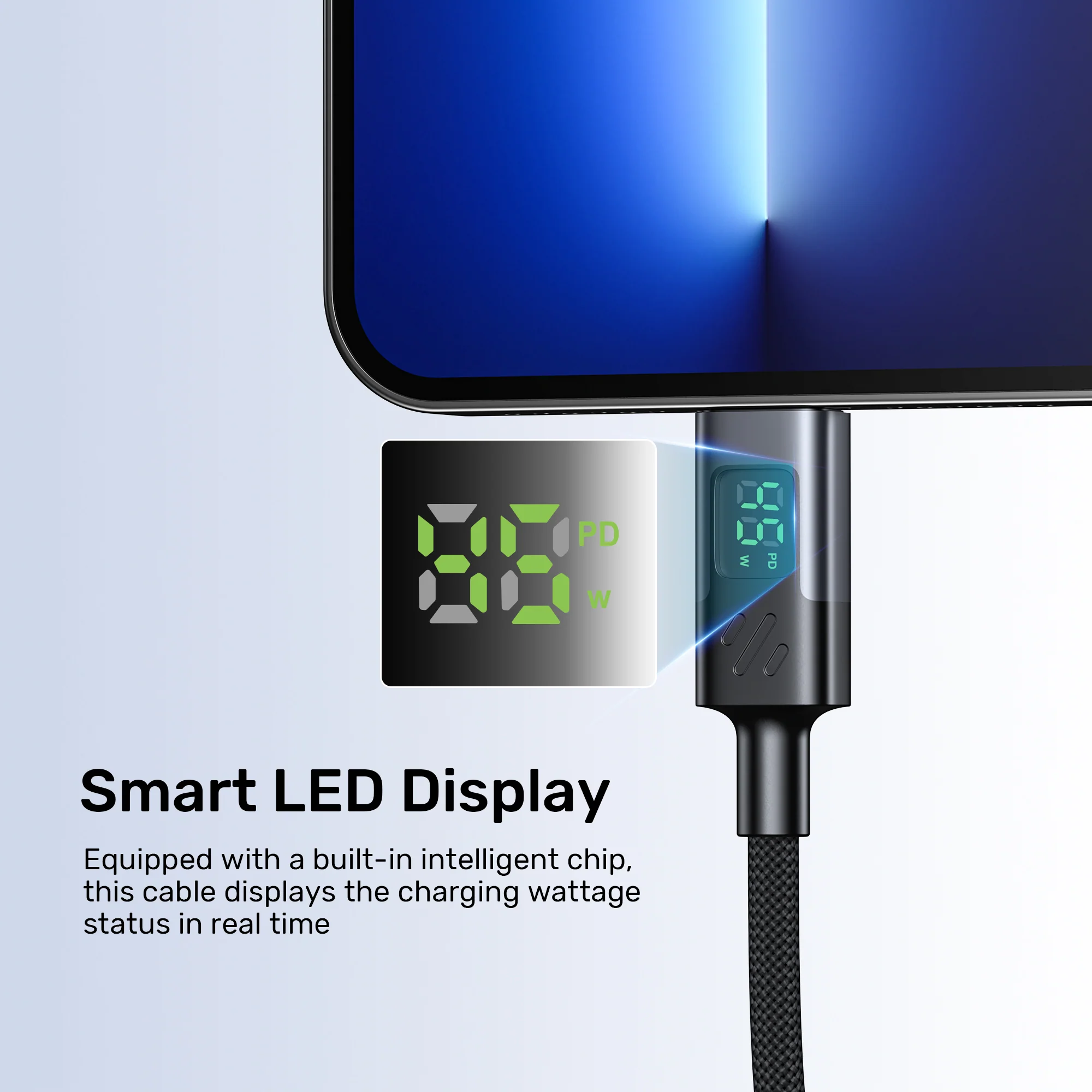 UNITEK PD 60W USB-C Charging Cable with Smart LED Display (1 Meter) Nylon Braided, E-Marker Chip, for iPhone 17/16/15