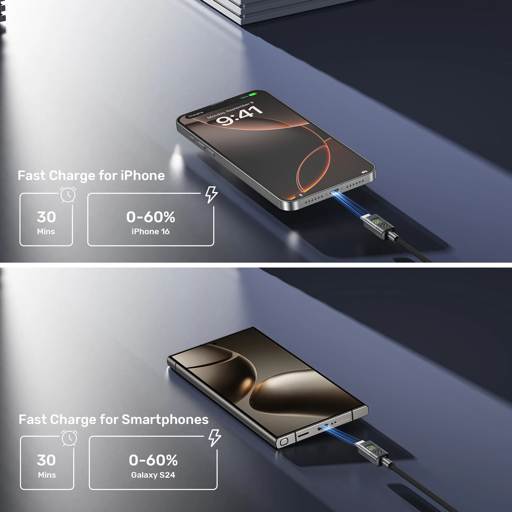 UNITEK PD 60W USB-C Charging Cable with Smart LED Display (1 Meter) Nylon Braided, E-Marker Chip, for iPhone 17/16/15