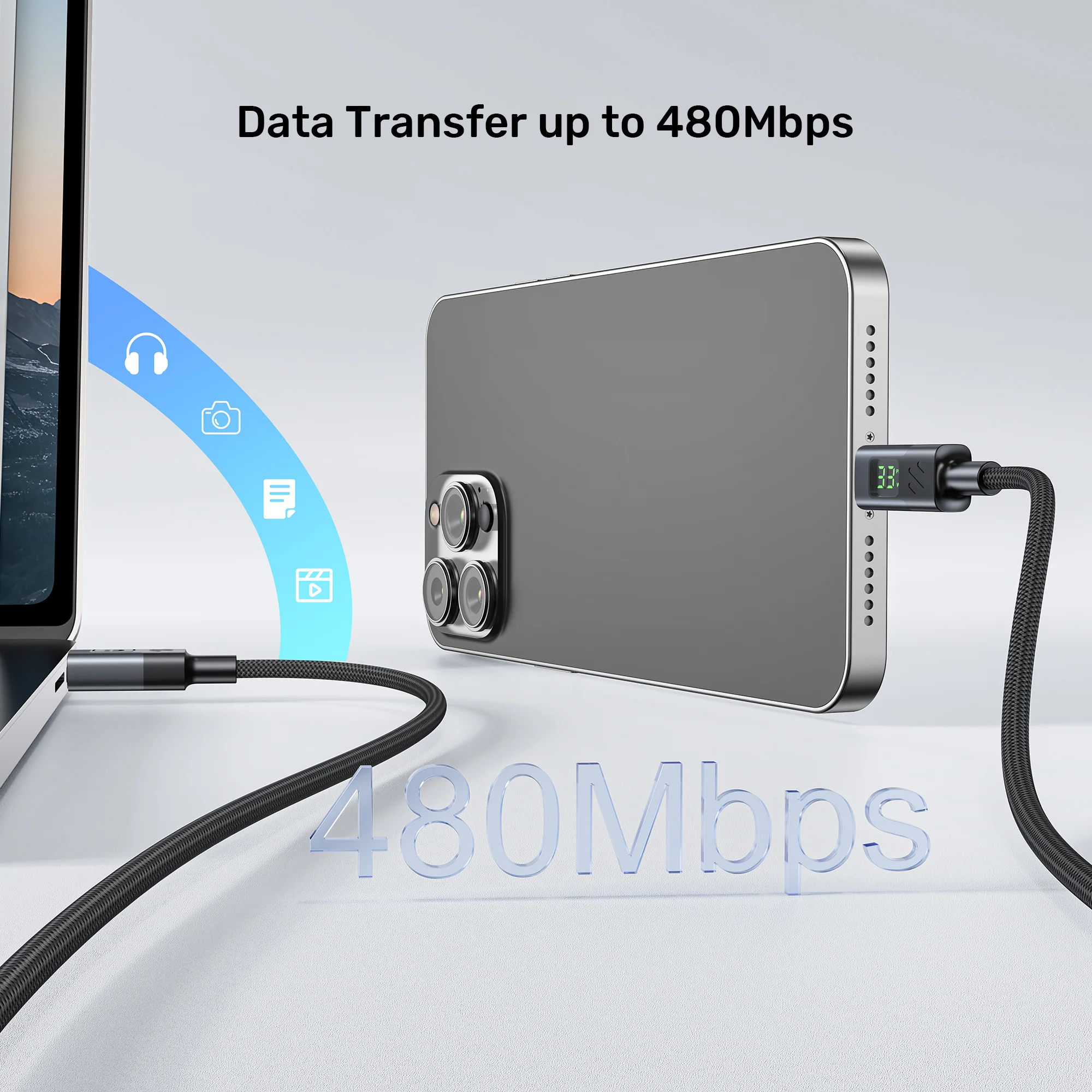 UNITEK PD 60W USB-C Charging Cable with Smart LED Display (1 Meter) Nylon Braided, E-Marker Chip, for iPhone 17/16/15