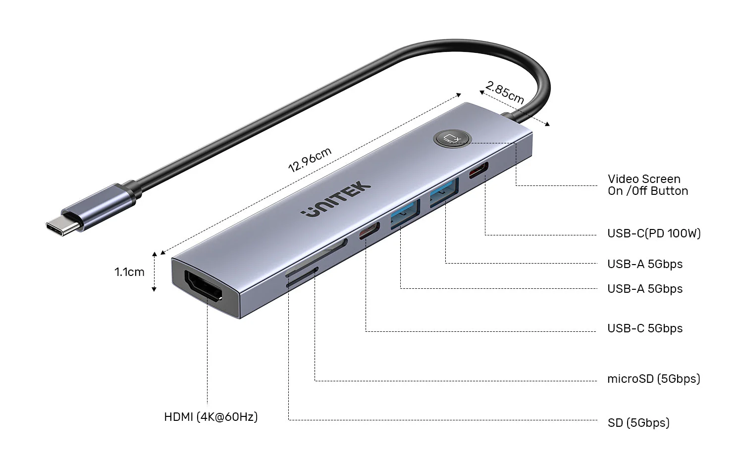 UNITEK uHUB S7 Pro 7-in-1 5Gbps USB-C Hub with Screen On/Off Button, 4K@60Hz HDMI HDR, 100W PD Charging, 5Gbps Data Ports, Dual SD/microSD Card Readers UNITEK uHUB S7 Pro 7-in-1 5Gbps USB-C Hub with Screen On/Off Button, 4K@60Hz HDMI HDR, 100W PD Charging, 5Gbps Data Ports, Dual SD/microSD Card Readers