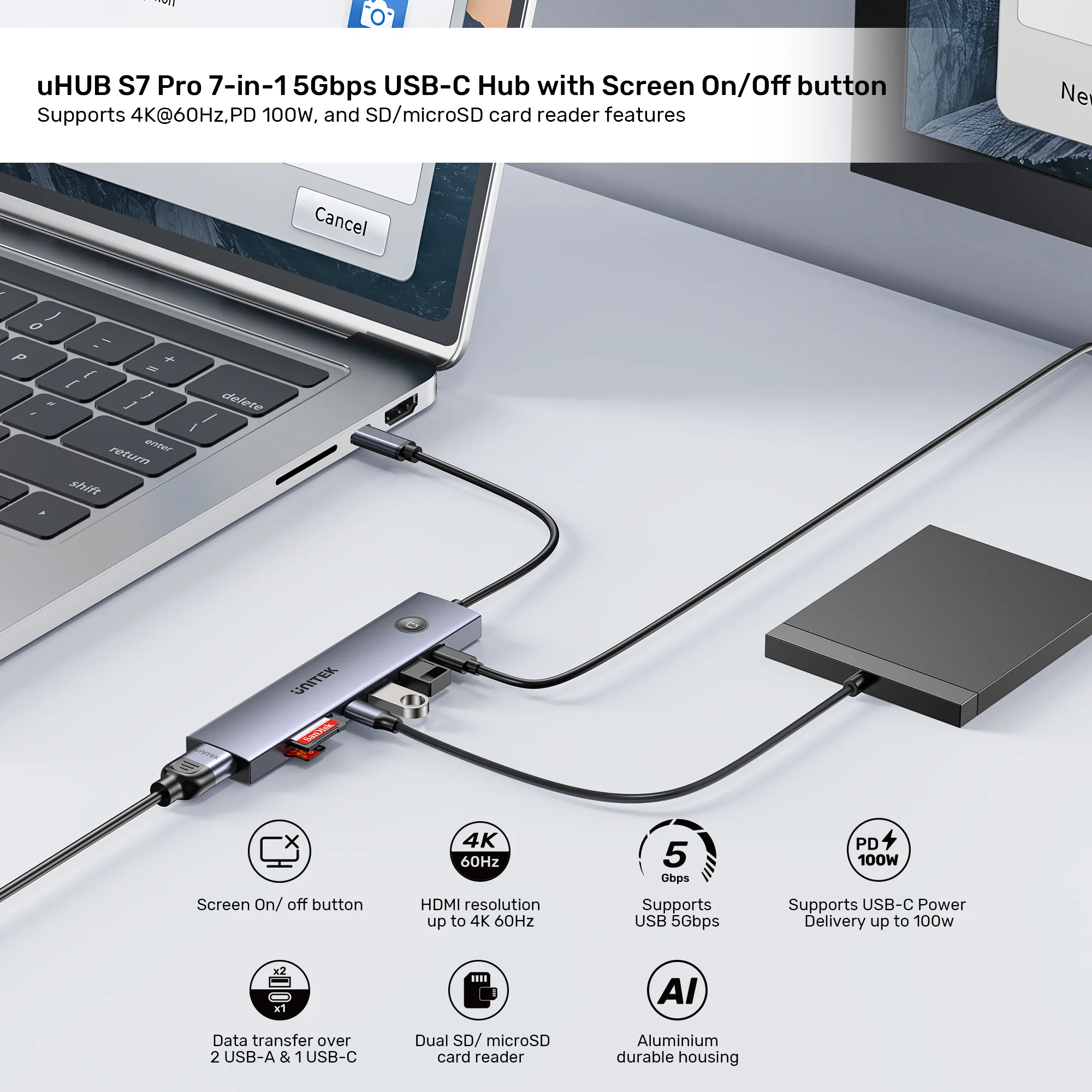 UNITEK uHUB S7 Pro 7-in-1 5Gbps USB-C Hub with Screen On/Off Button, 4K@60Hz HDMI HDR, 100W PD Charging, 5Gbps Data Ports, Dual SD/microSD Card Readers
