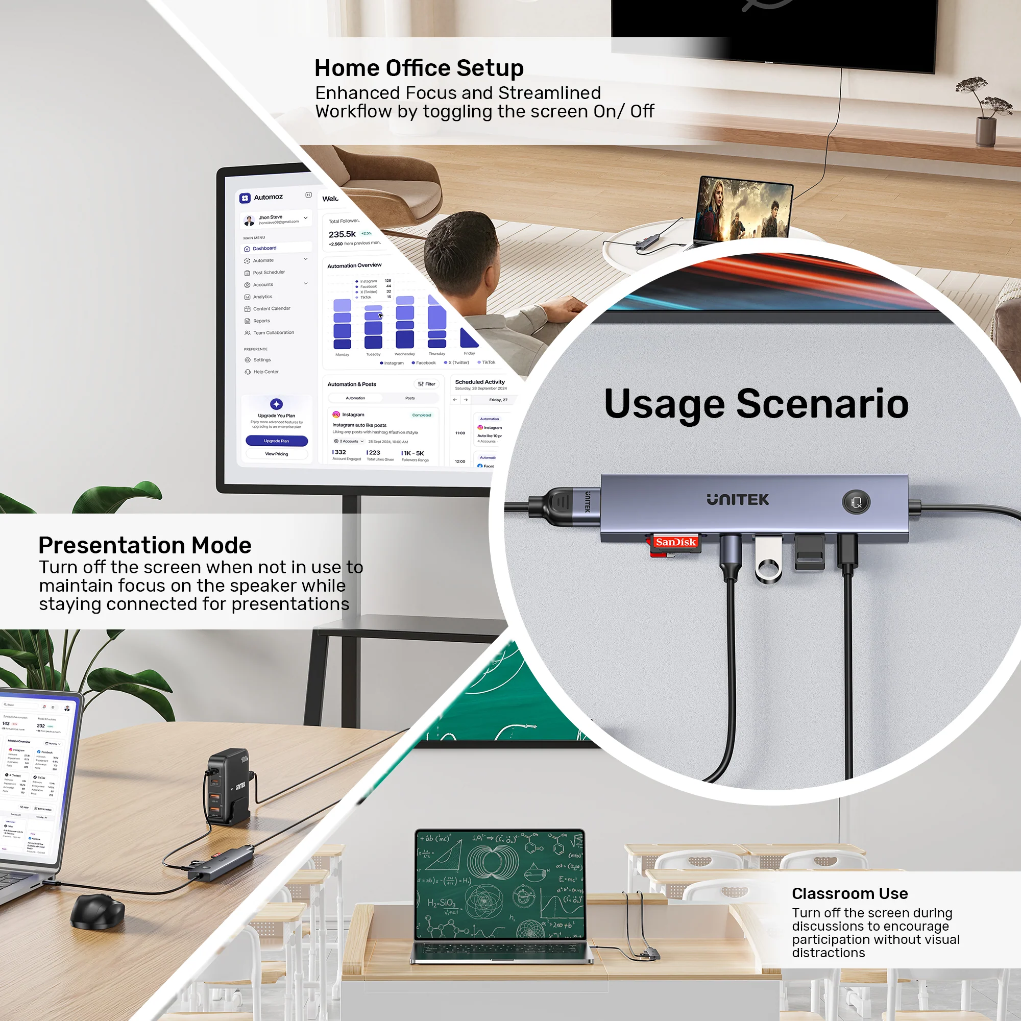 UNITEK uHUB S7 Pro 7-in-1 5Gbps USB-C Hub with Screen On/Off Button, 4K@60Hz HDMI HDR, 100W PD Charging, 5Gbps Data Ports, Dual SD/microSD Card Readers