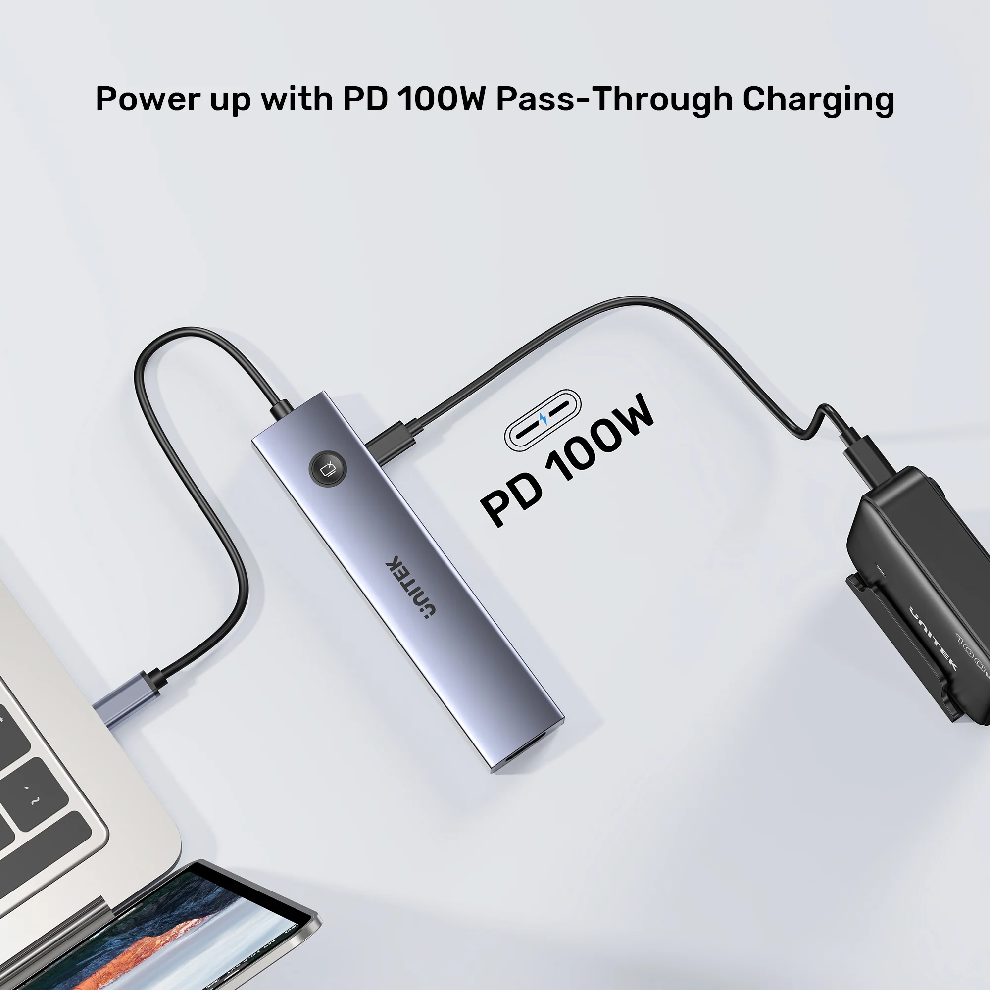 UNITEK uHUB S7 Pro 7-in-1 5Gbps USB-C Hub with Screen On/Off Button, 4K@60Hz HDMI HDR, 100W PD Charging, 5Gbps Data Ports, Dual SD/microSD Card Readers
