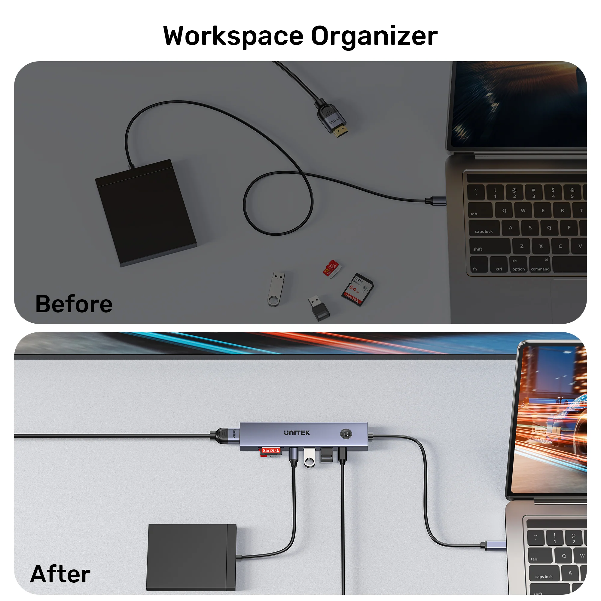UNITEK uHUB S7 Pro 7-in-1 5Gbps USB-C Hub with Screen On/Off Button, 4K@60Hz HDMI HDR, 100W PD Charging, 5Gbps Data Ports, Dual SD/microSD Card Readers