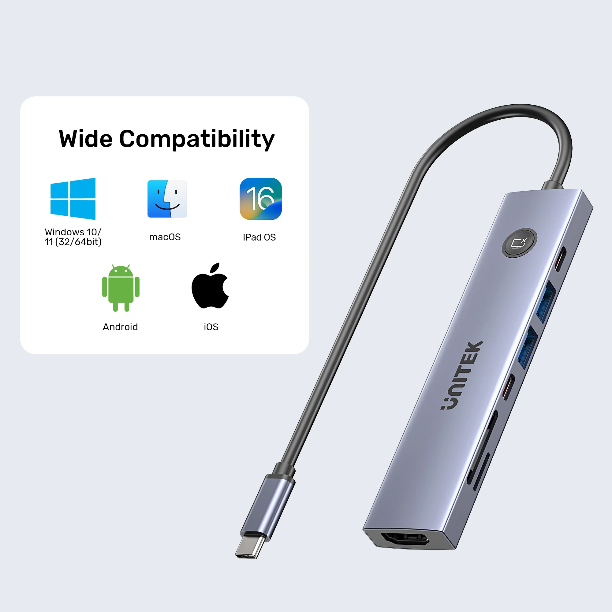 UNITEK uHUB S7 Pro 7-in-1 5Gbps USB-C Hub with Screen On/Off Button, 4K@60Hz HDMI HDR, 100W PD Charging, 5Gbps Data Ports, Dual SD/microSD Card Readers