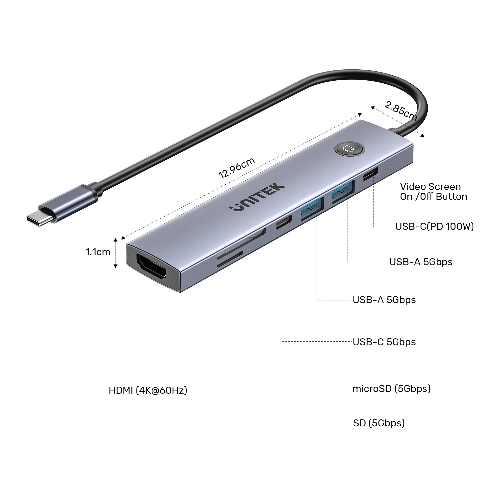 UNITEK uHUB S7 Pro 7-in-1 5Gbps USB-C Hub with Screen On/Off Button, 4K@60Hz HDMI HDR, 100W PD Charging, 5Gbps Data Ports, Dual SD/microSD Card Readers