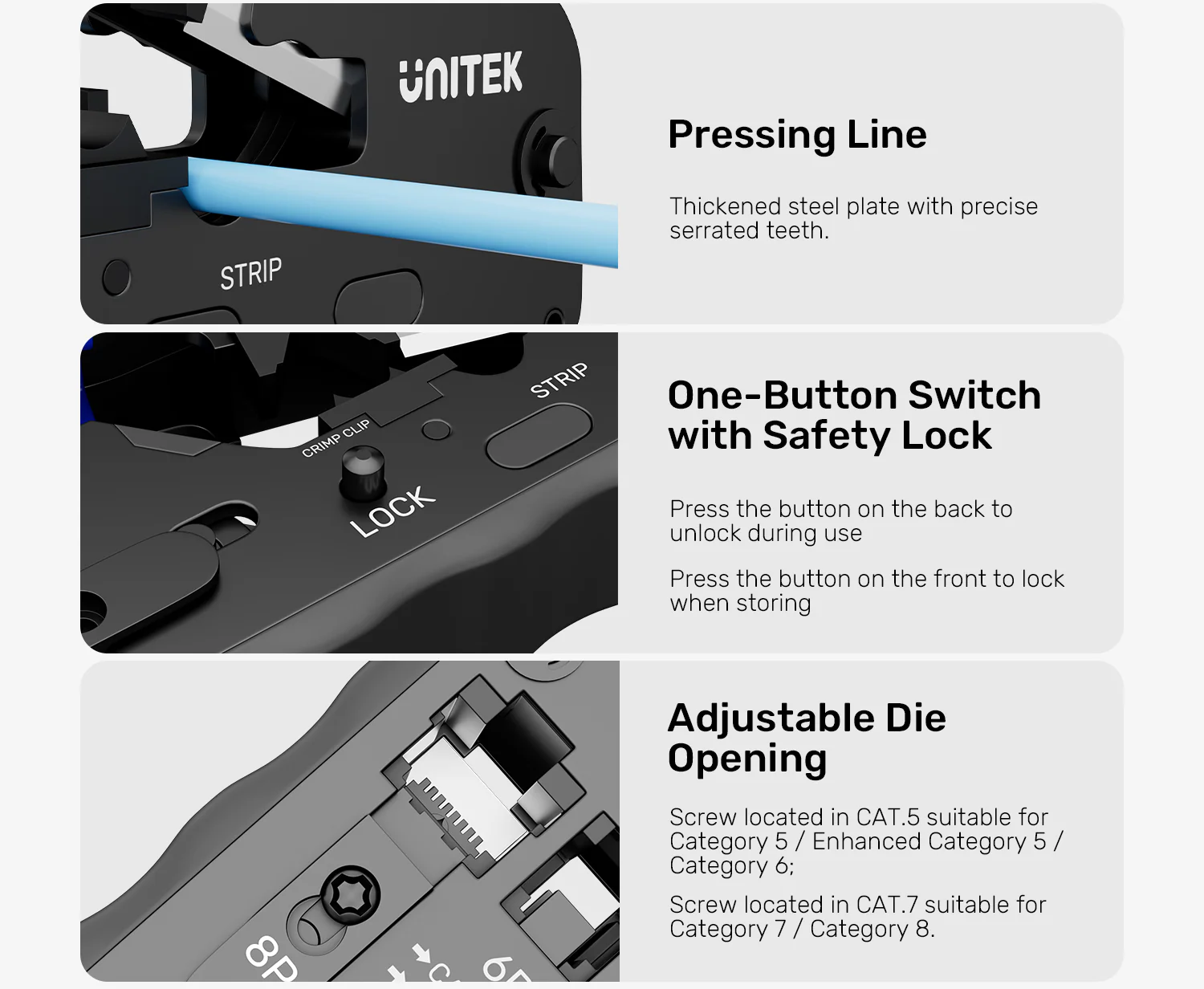 UNITEK Multi-Function Network Cable Crimping Tool, 8P/6P Crimper for RJ45 RJ11 Connectors, Cat7 Binder Clip Shielding UNITEK Multi-Function Network Cable Crimping Tool, 8P/6P Crimper for RJ45 RJ11 Connectors, Cat7 Binder Clip Shielding