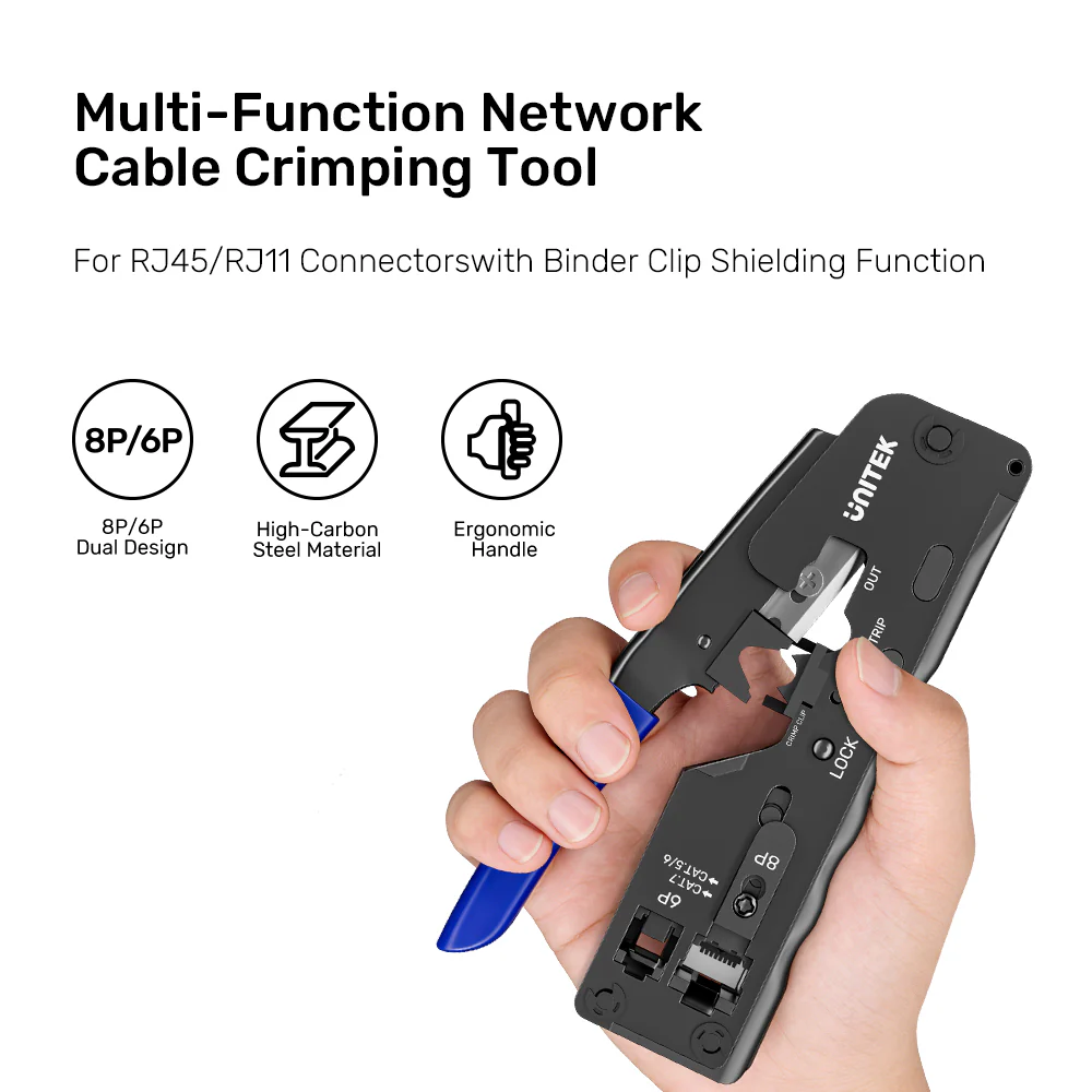 UNITEK Multi-Function Network Cable Crimping Tool, 8P/6P Crimper for RJ45 RJ11 Connectors, Cat7 Binder Clip Shielding