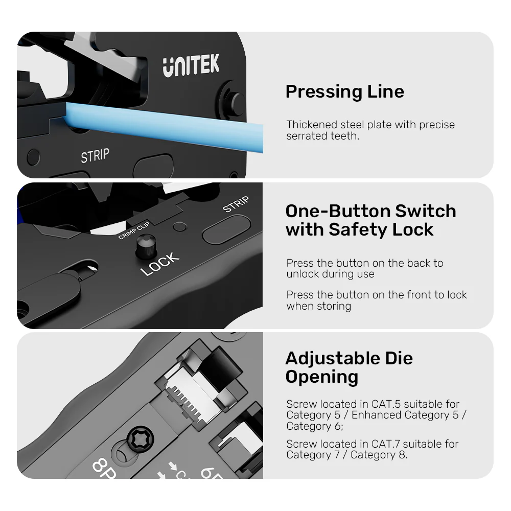 UNITEK Multi-Function Network Cable Crimping Tool, 8P/6P Crimper for RJ45 RJ11 Connectors, Cat7 Binder Clip Shielding