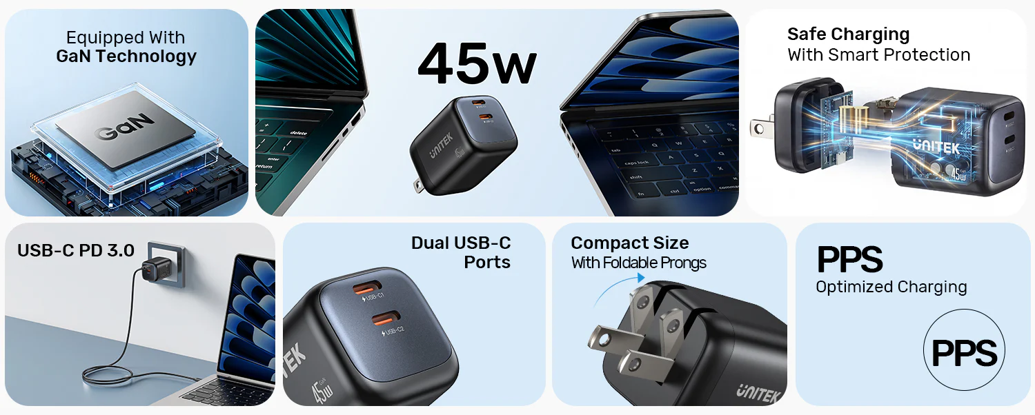 UNITEK Zeno 45W GaN Wall Charger (EU Plug) PD3.0 QC4+ SFC2.0 PPS, Compatible with iPhone 17/16/15 Pro Max UNITEK Zeno 45W GaN Wall Charger (EU Plug) PD3.0 QC4+ SFC2.0 PPS, Compatible with iPhone 17/16/15 Pro Max
