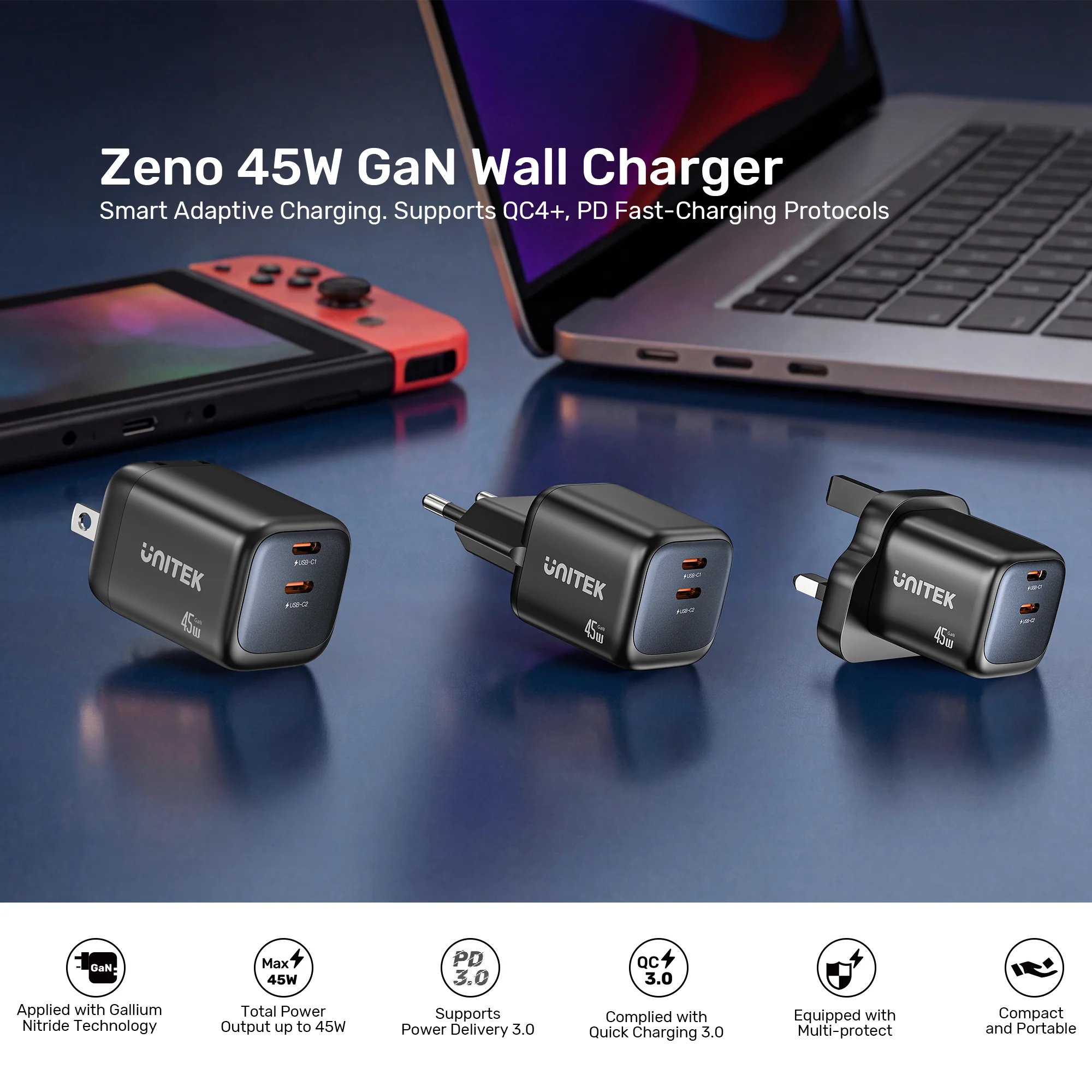UNITEK Zeno 45W GaN Wall Charger (EU Plug) PD3.0 QC4+ SFC2.0 PPS, Compatible with iPhone 17/16/15 Pro Max