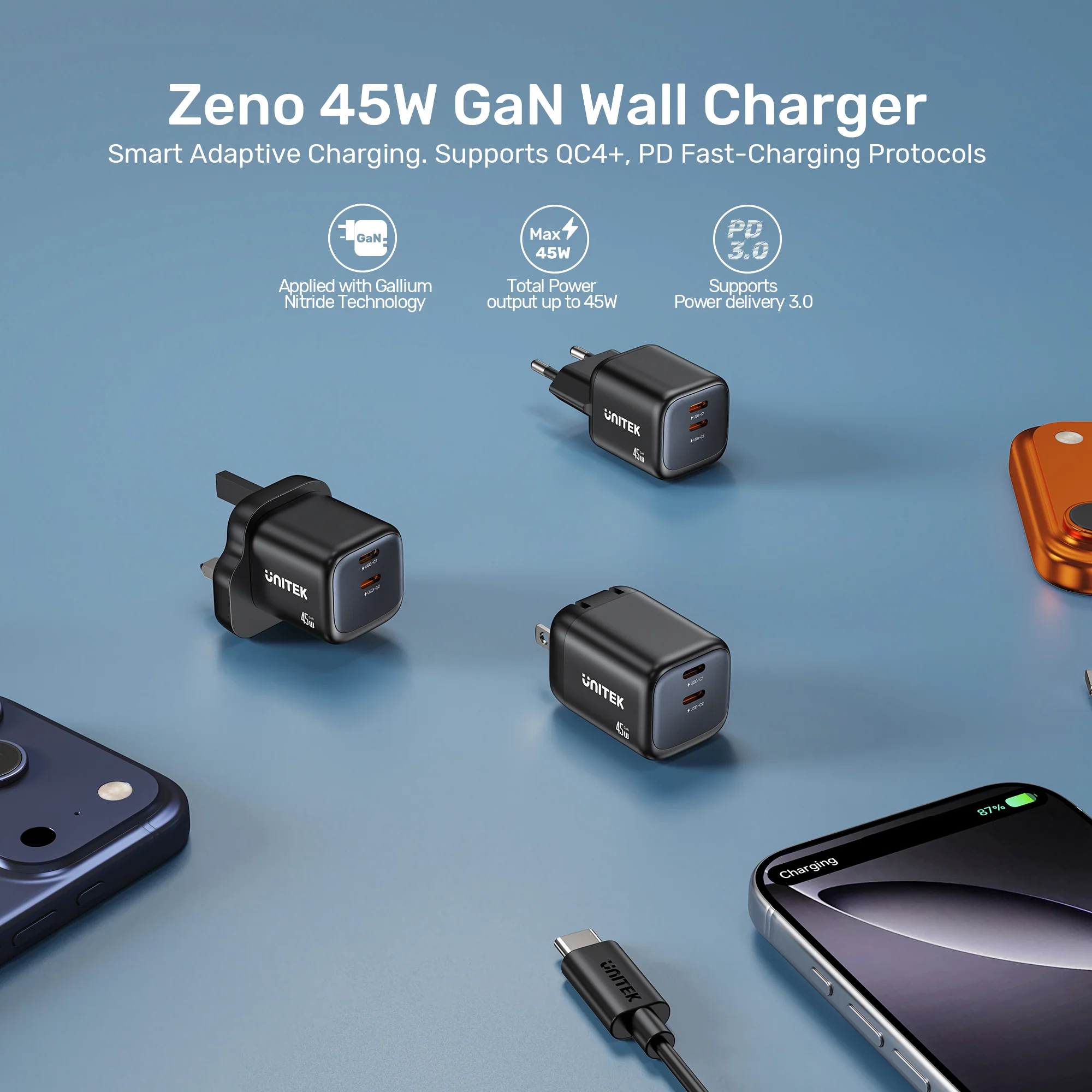 UNITEK Zeno 45W GaN Wall Charger (EU Plug) PD3.0 QC4+ SFC2.0 PPS, Compatible with iPhone 17/16/15 Pro Max