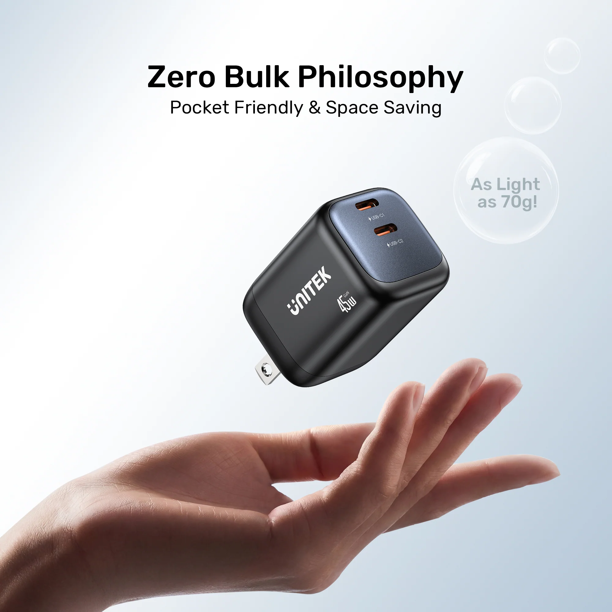 UNITEK Zeno 45W GaN Wall Charger (EU Plug) PD3.0 QC4+ SFC2.0 PPS, Compatible with iPhone 17/16/15 Pro Max