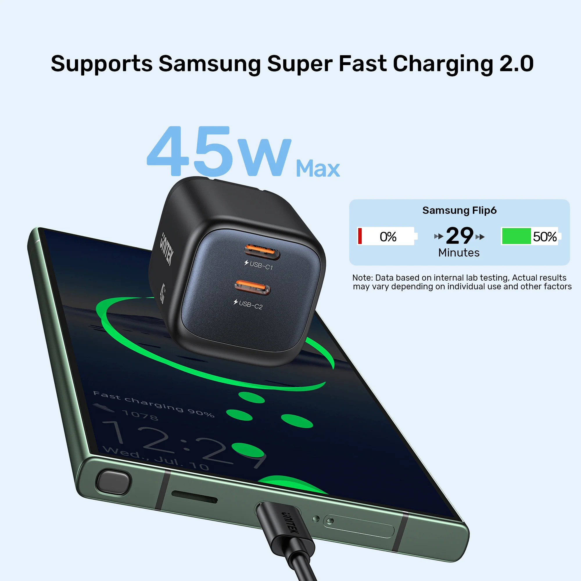 UNITEK Zeno 45W GaN Wall Charger (EU Plug) PD3.0 QC4+ SFC2.0 PPS, Compatible with iPhone 17/16/15 Pro Max