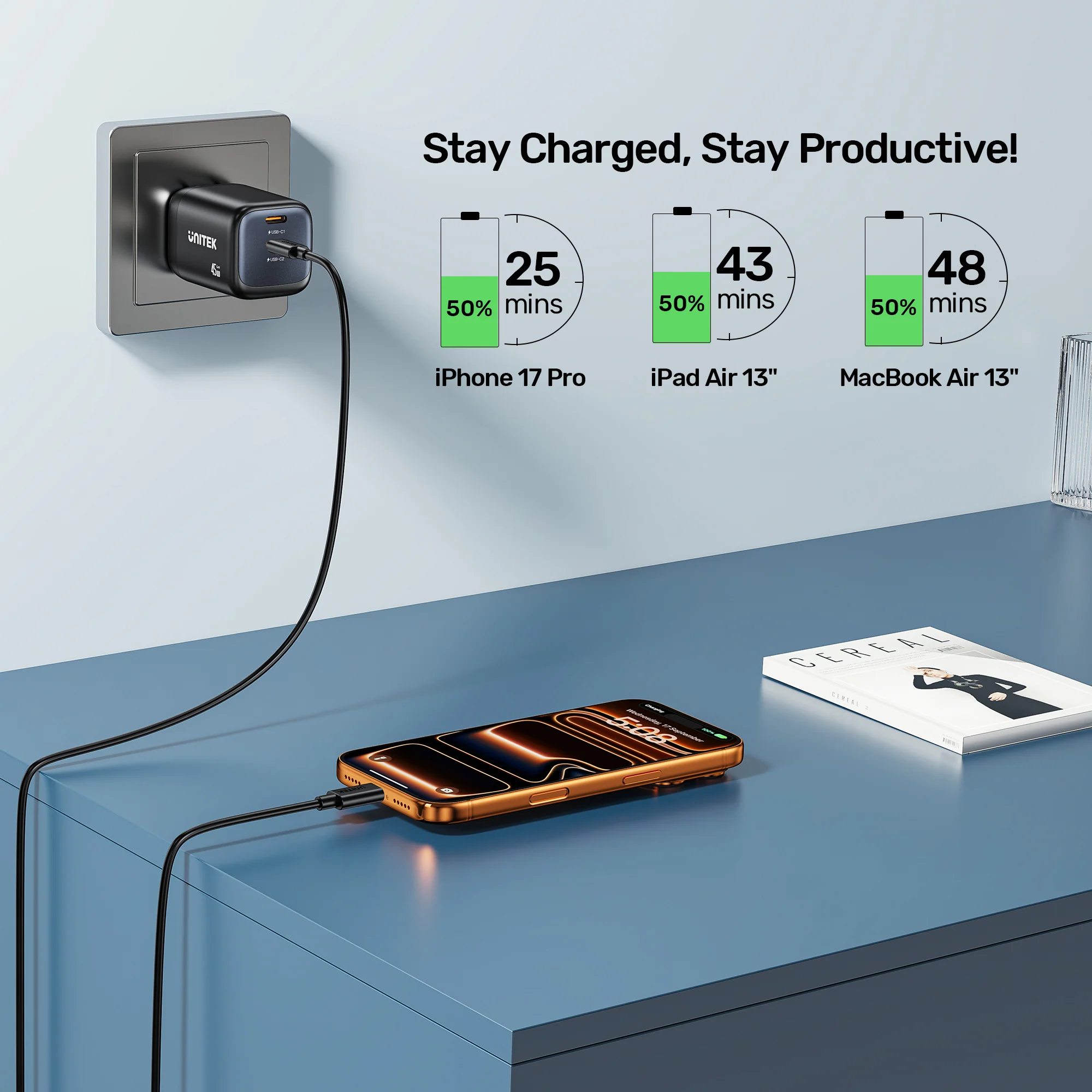 UNITEK Zeno 45W GaN Wall Charger (EU Plug) PD3.0 QC4+ SFC2.0 PPS, Compatible with iPhone 17/16/15 Pro Max