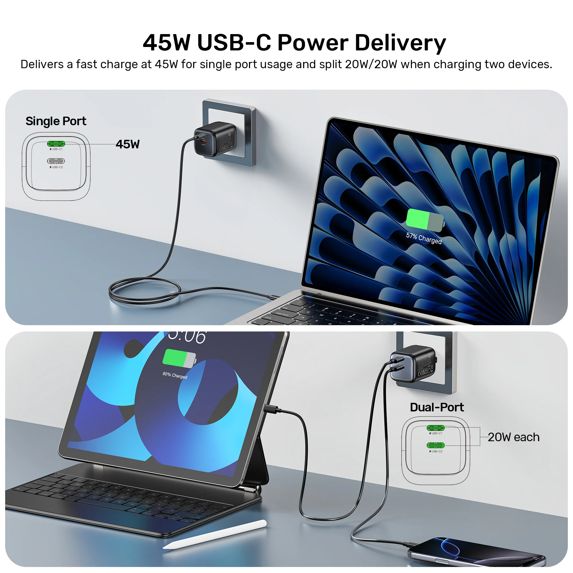 UNITEK Zeno 45W GaN Wall Charger (EU Plug) PD3.0 QC4+ SFC2.0 PPS, Compatible with iPhone 17/16/15 Pro Max