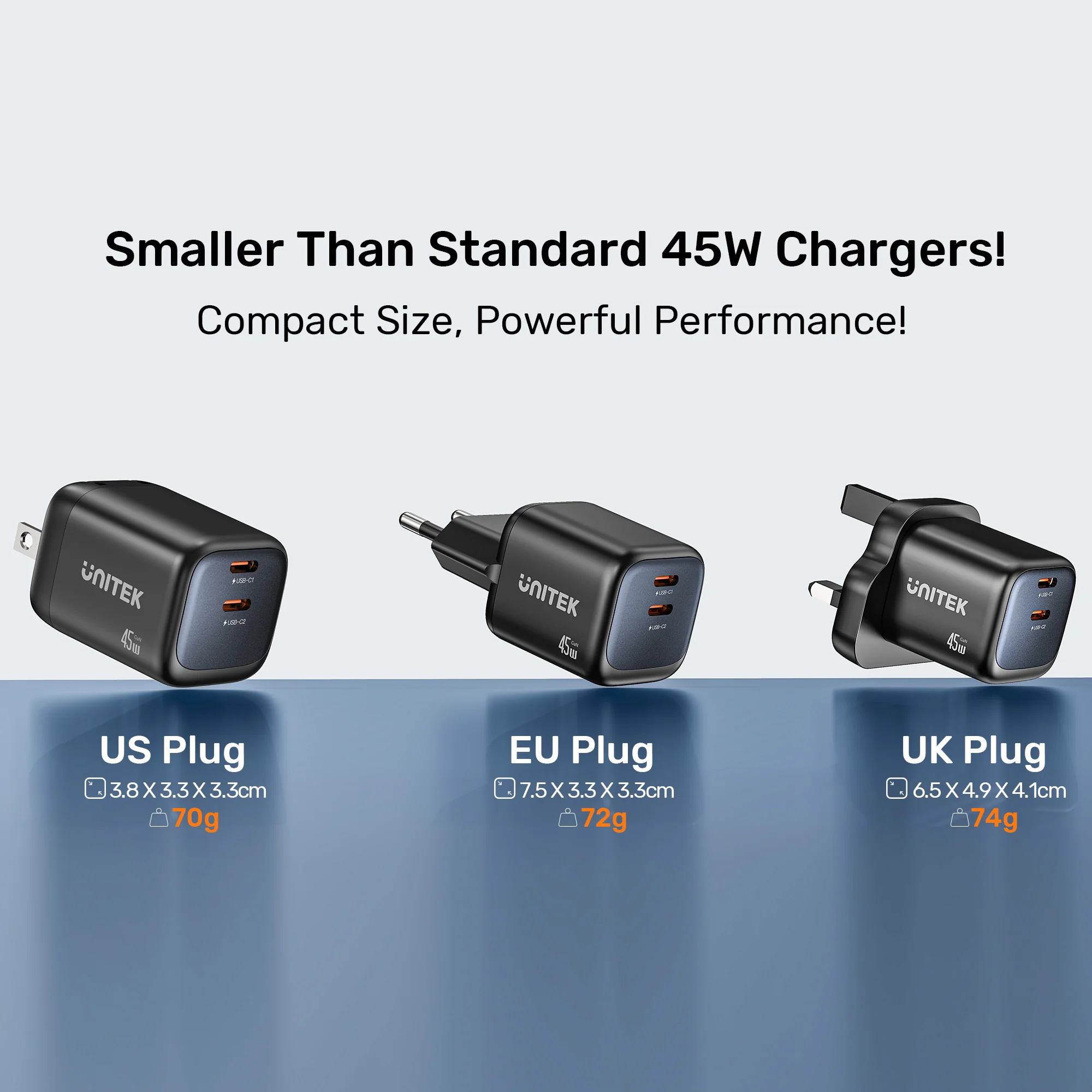 UNITEK Zeno 45W GaN Wall Charger (EU Plug) PD3.0 QC4+ SFC2.0 PPS, Compatible with iPhone 17/16/15 Pro Max