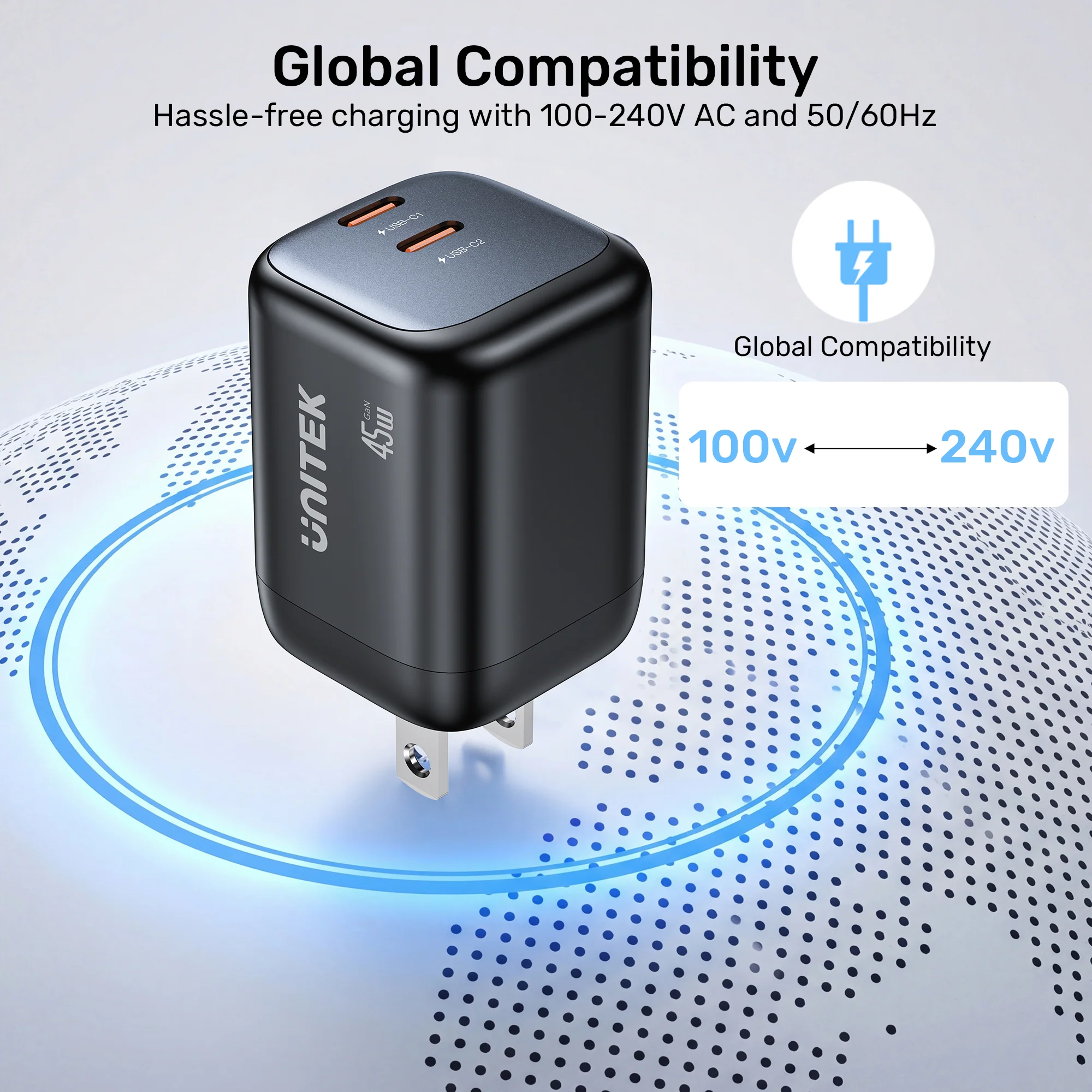 UNITEK Zeno 45W GaN Wall Charger (EU Plug) PD3.0 QC4+ SFC2.0 PPS, Compatible with iPhone 17/16/15 Pro Max