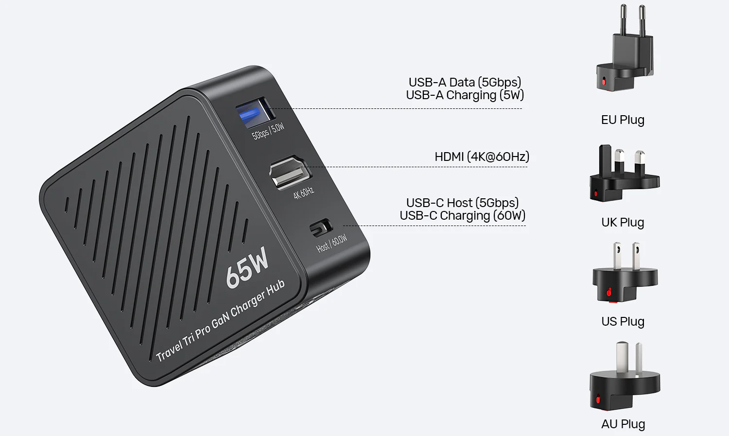 UNITEK Travel Tri Pro 65W 3-in-1 GaN Charger Hub (EU/US/UK/AU Plugs) GaN Fast Charging 60W USB-C + 5W USB-A + 4K@60Hz HDMI UNITEK Travel Tri Pro 65W 3-in-1 GaN Charger Hub (EU/US/UK/AU Plugs) GaN Fast Charging 60W USB-C + 5W USB-A + 4K@60Hz HDMI