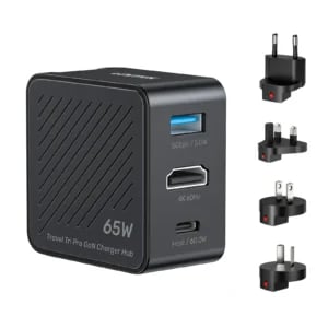 UNITEK Travel Tri Pro 65W 3-in-1 GaN Charger Hub (EU/US/UK/AU Plugs) GaN Fast Charging 60W USB-C + 5W USB-A + 4K@60Hz HDMI