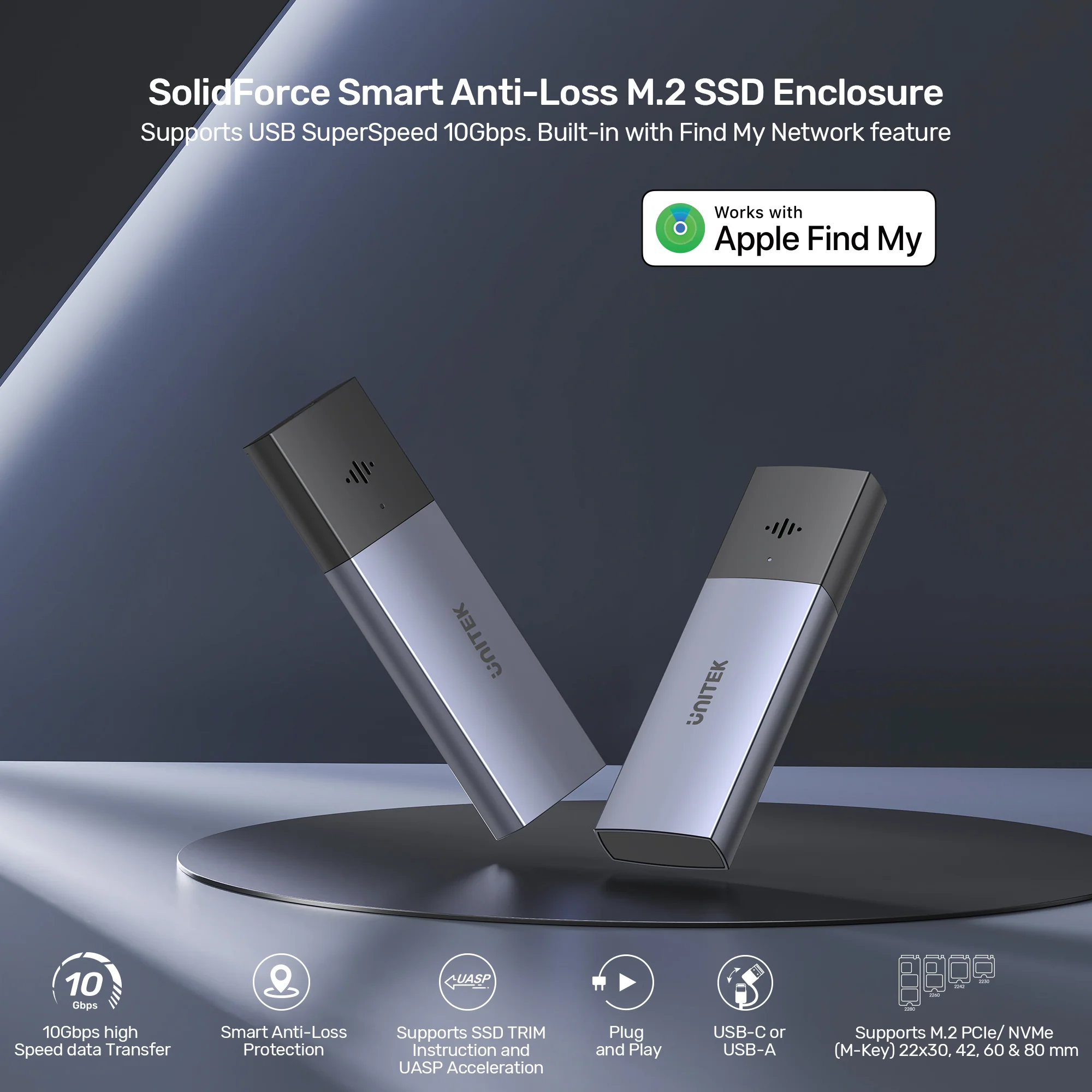 UNITEK SolidForce Smart Anti-loss M.2 SSD Enclosure, 10Gbps NVMe SSD Enclosure with Apple Find My Tracking