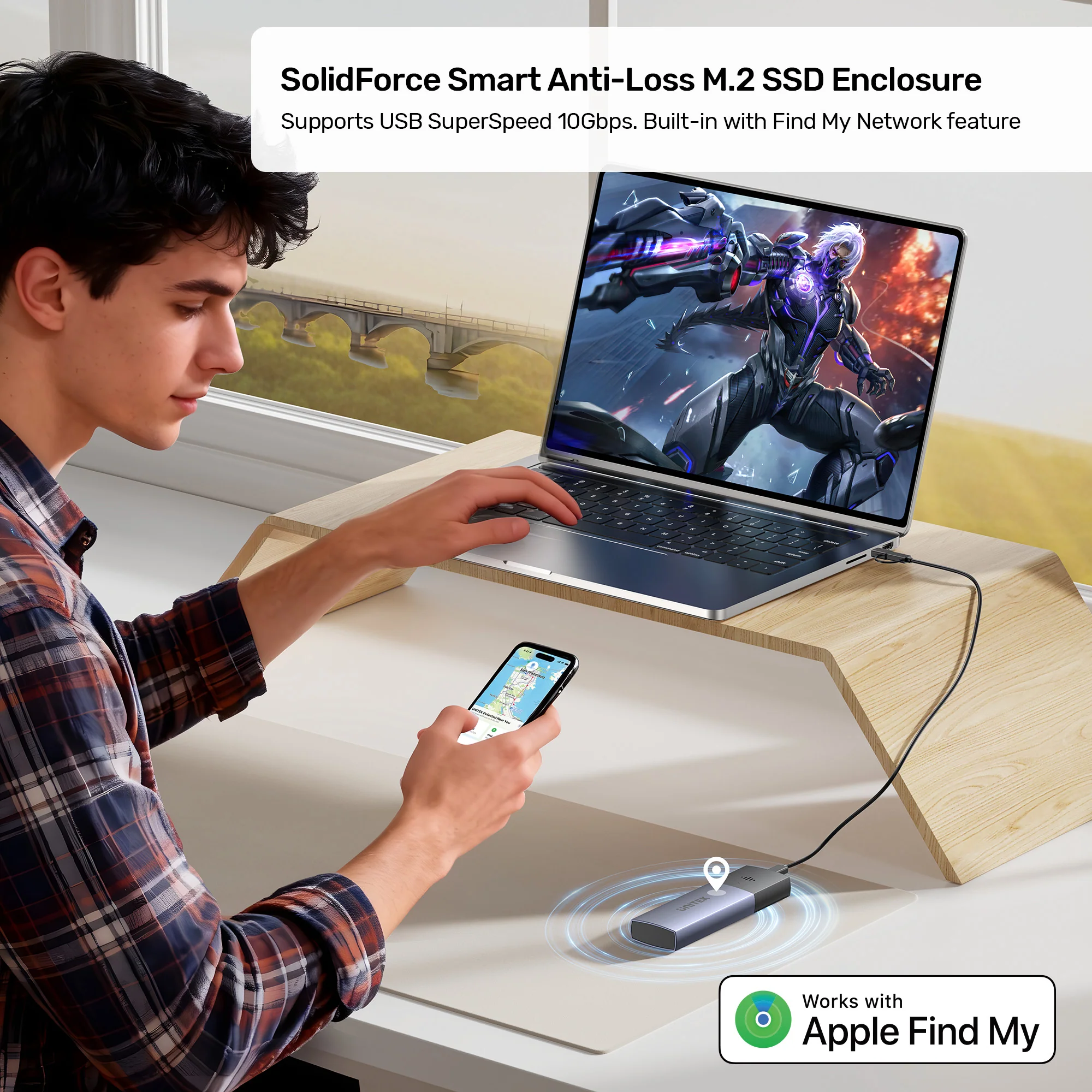 UNITEK SolidForce Smart Anti-loss M.2 SSD Enclosure, 10Gbps NVMe SSD Enclosure with Apple Find My Tracking