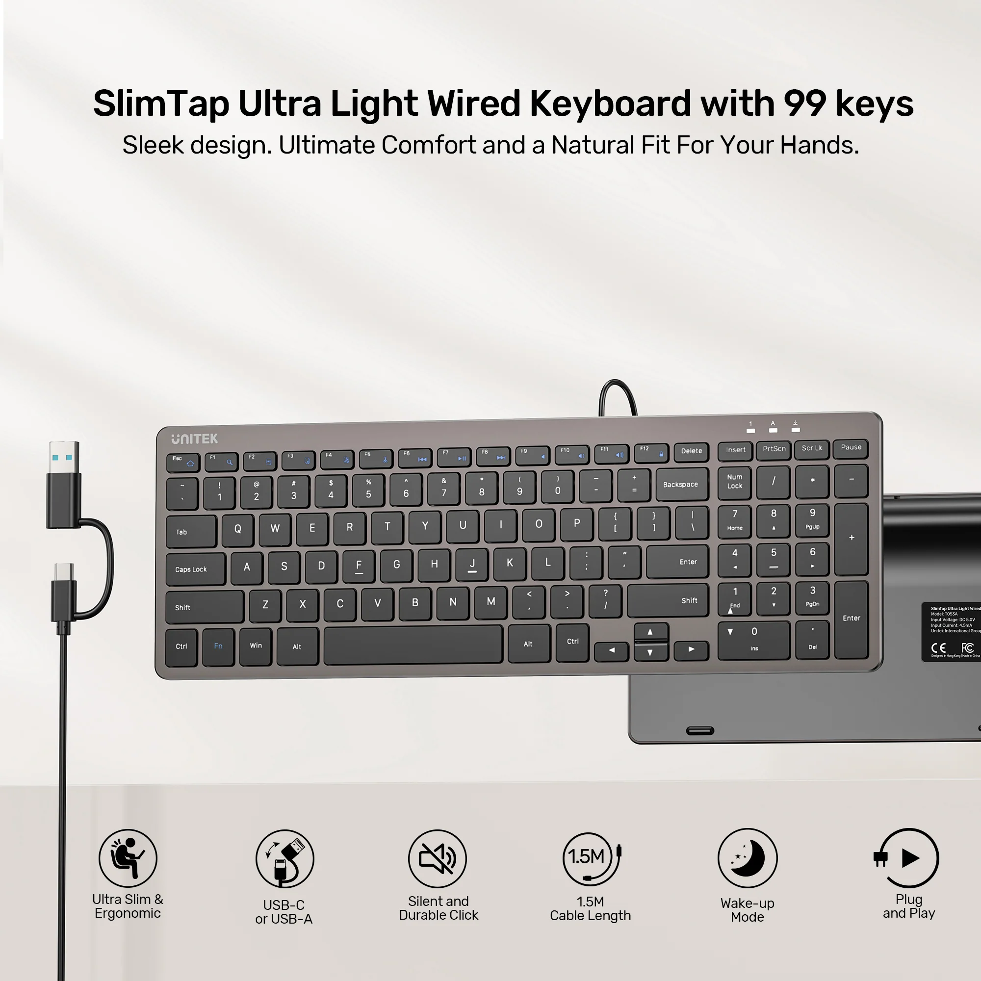 UNITEK SlimTap Ultra Light Wired Keyboard, 99 Keys, Ultra-Slim 17.15mm Profile, Silent Scissor-Switch Keys