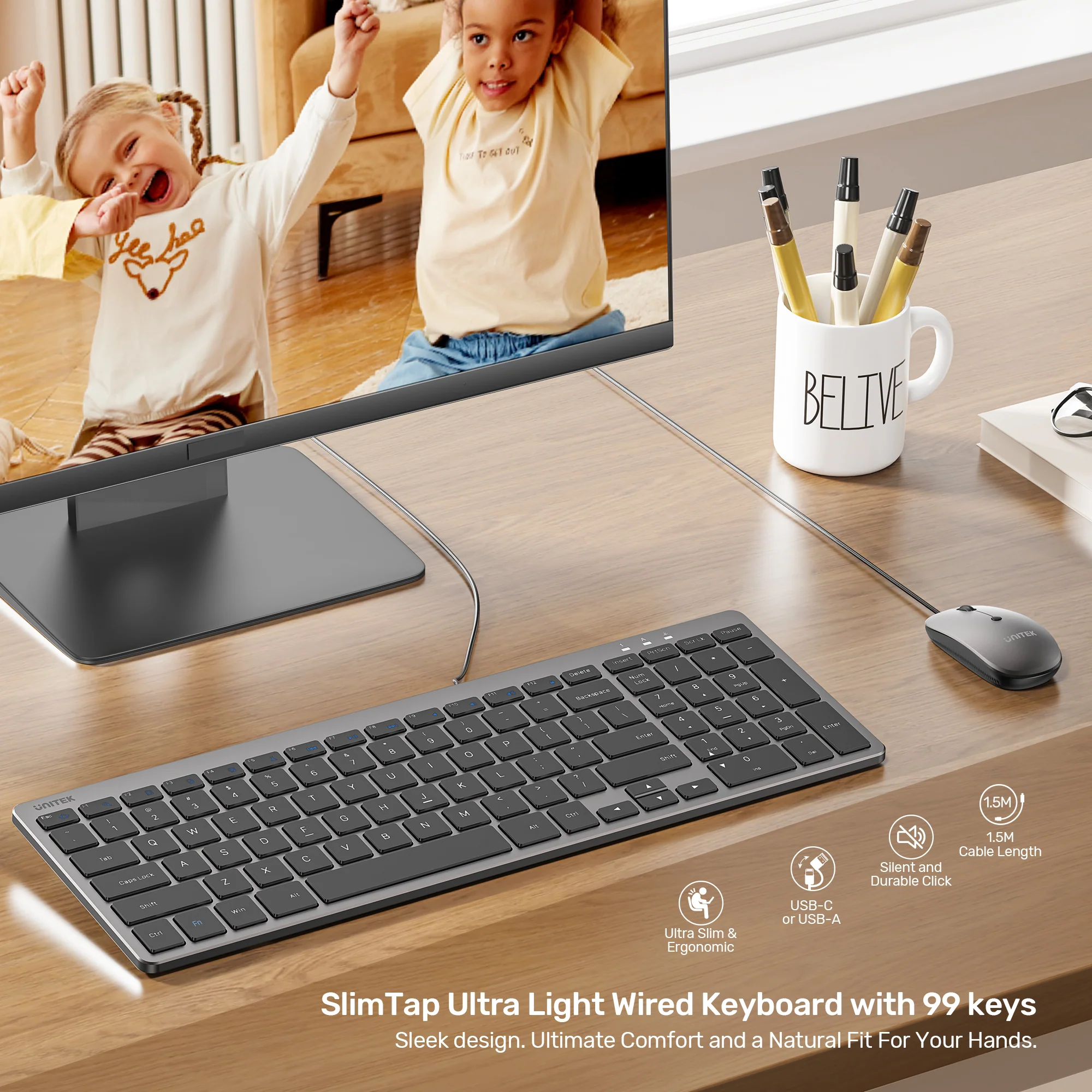 UNITEK SlimTap Ultra Light Wired Keyboard, 99 Keys, Ultra-Slim 17.15mm Profile, Silent Scissor-Switch Keys