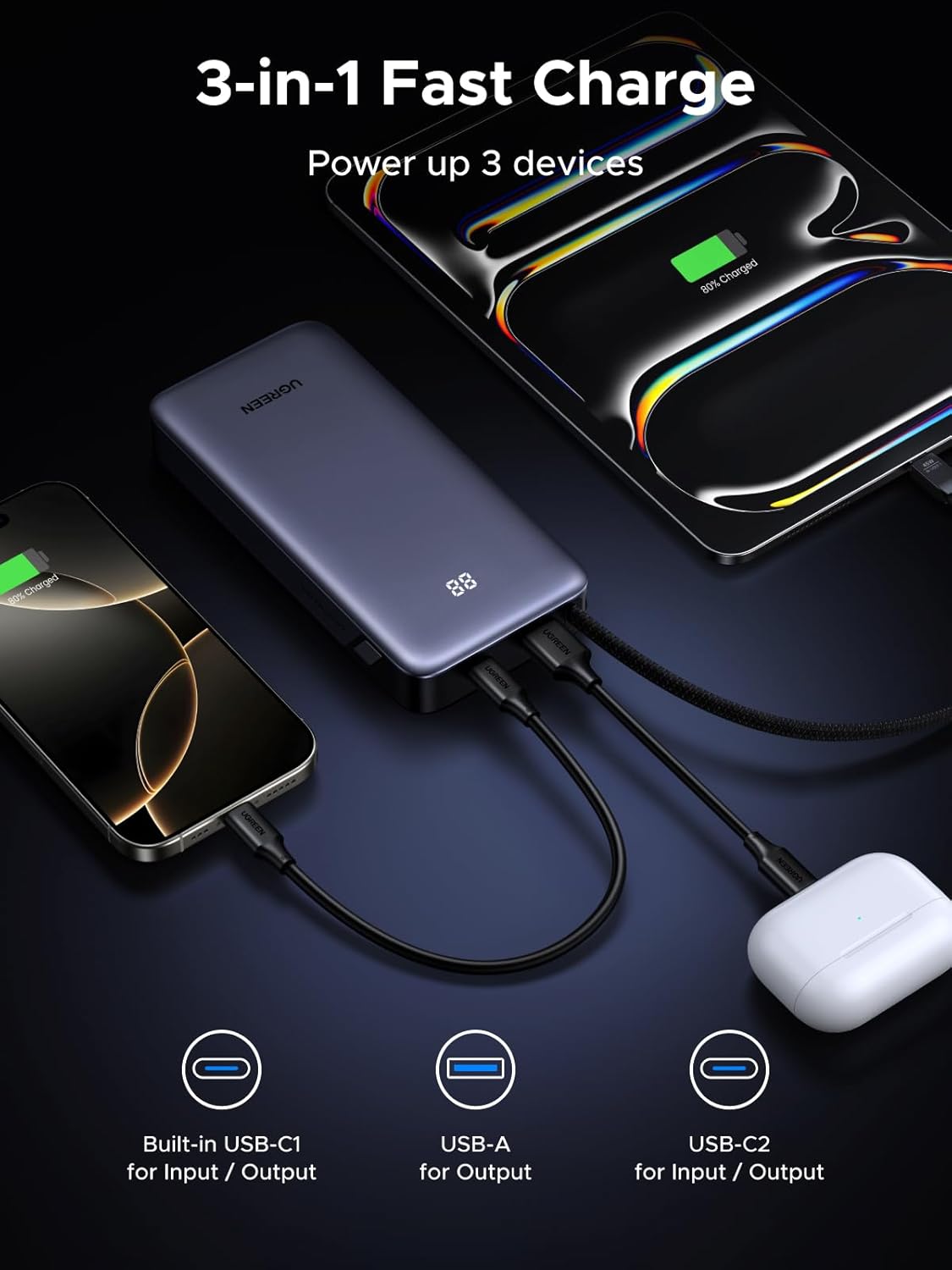 Buy UGREEN 55988B Nexode Power Bank 20000mAh 45W Fast Charging Portable Charger with Built-in USB-C Online in Pakistan - UGREEN PK