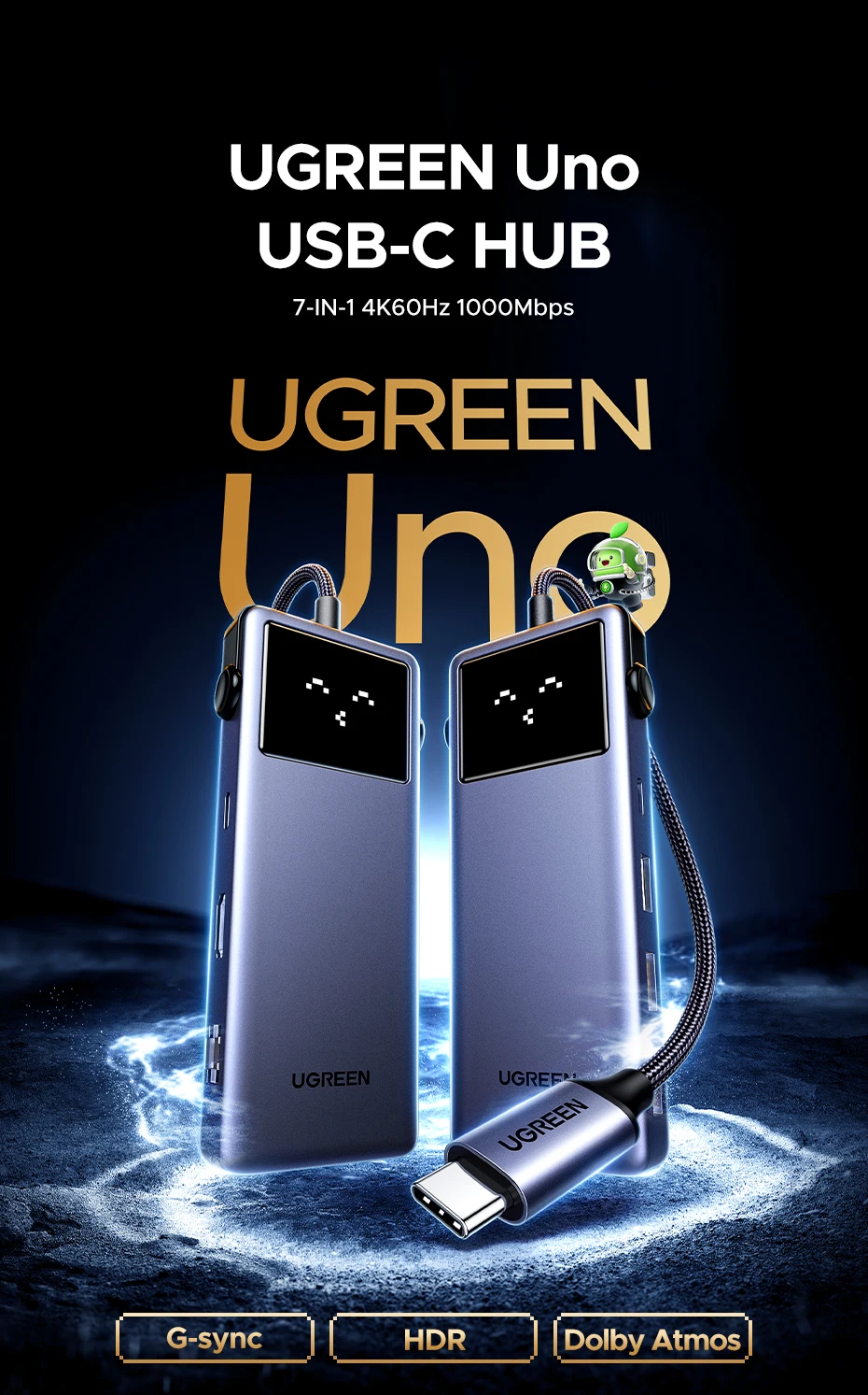 UGREEN 45155 Uno 7-in-1 USB-C Hub 4K@60Hz HDMI, 100W PD Fast Charging, Gigabit Ethernet, 5Gbps USB-C & USB-A Expansion Dock with Smart Robotic Emoji LED Screen Buy UGREEN 45155 Uno 7-in-1 USB-C Hub 4K@60Hz HDMI, 100W PD Fast Charging, Gigabit Ethernet, 5Gbps USB-C & USB-A Expansion Dock with Smart Robotic Emoji LED Screen Online in Pakistan - UGREEN PK