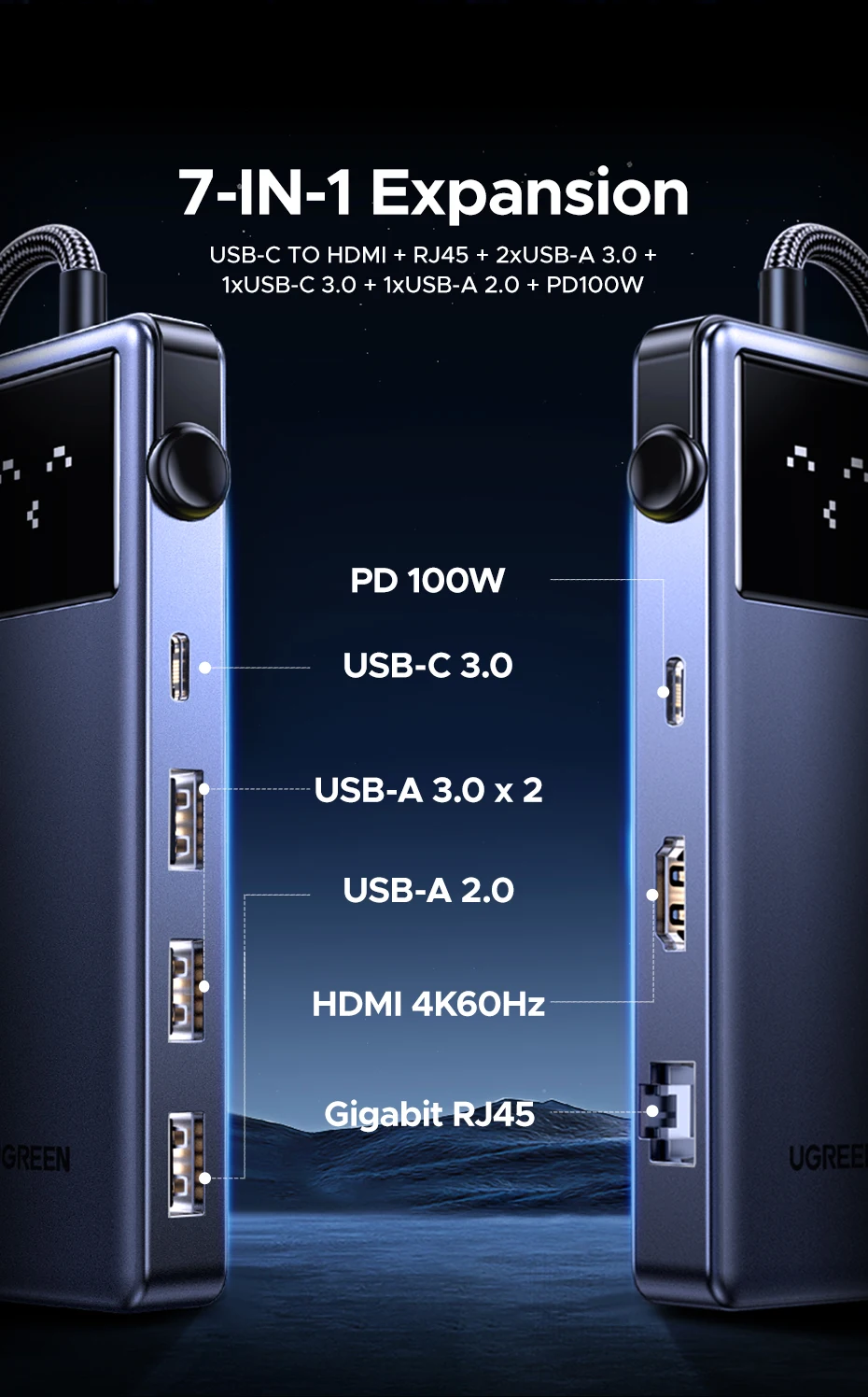 UGREEN 45155 Uno 7-in-1 USB-C Hub 4K@60Hz HDMI, 100W PD Fast Charging, Gigabit Ethernet, 5Gbps USB-C & USB-A Expansion Dock with Smart Robotic Emoji LED Screen Buy UGREEN 45155 Uno 7-in-1 USB-C Hub 4K@60Hz HDMI, 100W PD Fast Charging, Gigabit Ethernet, 5Gbps USB-C & USB-A Expansion Dock with Smart Robotic Emoji LED Screen Online in Pakistan - UGREEN PK