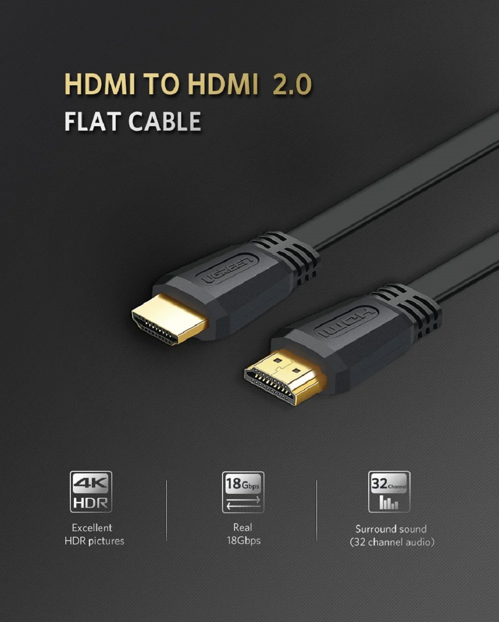 UGREEN 50820 Flat 4K HDMI Cable 3 Meter Gold Plated - UGREEN PK
